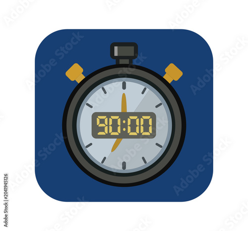 Stopwatch showing 90 minutes, soccer match duration timer icon for sports application