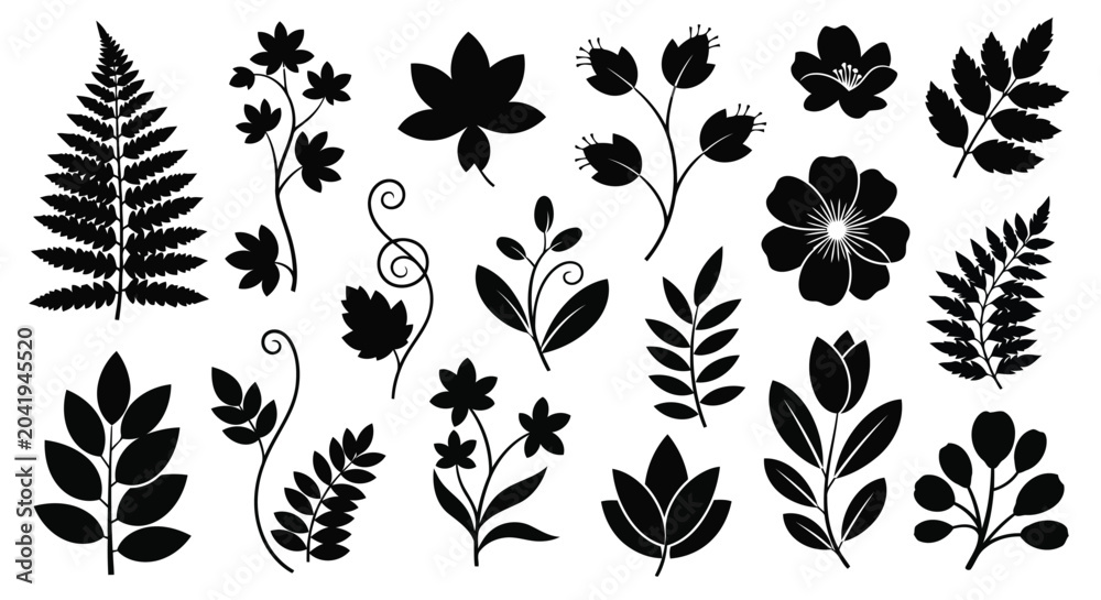 Naklejka premium Black silhouette floral and leaf icons set