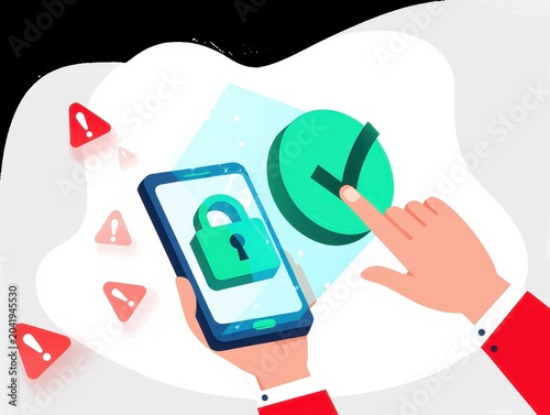 Mobile device security concept with a green lock and a hand confirming success amidst warning symbols