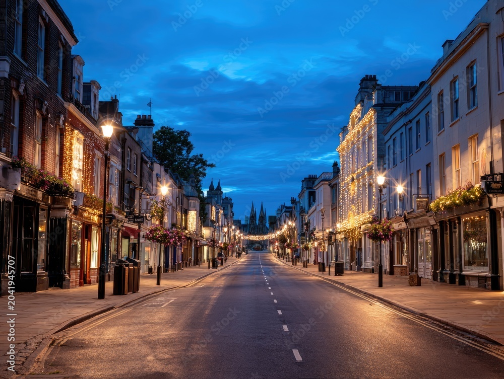 Fototapeta premium Illuminated historic street at dusk with shops lining both sides