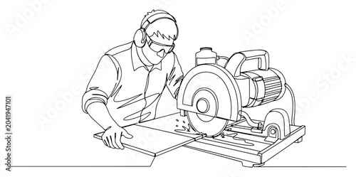Tableau sur toile Carpenter using circular saw machine one line drawing