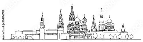 Saint Basil's Cathedral and Moscow Kremlin skyline continuous line drawing. Russian landmark architecture vector illustration.