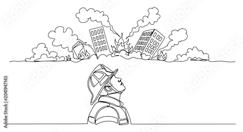 Slika na platnu Firefighter looking at burning city buildings continuous line drawing
