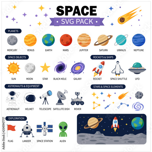 A set of space-themed icons: planets, astronauts, rockets, and the galaxy.