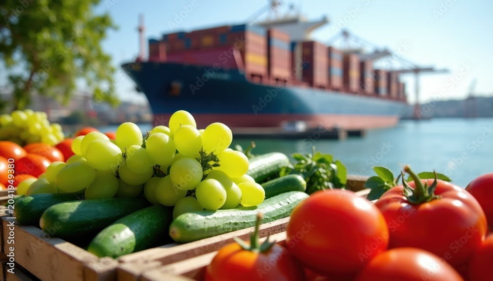 Fototapeta premium Fresh grapes, cucumbers, and tomatoes sit in crates near a large cargo ship at a sunny port. This scene represents global food trade, agriculture, and fresh produce transportation and logistics.