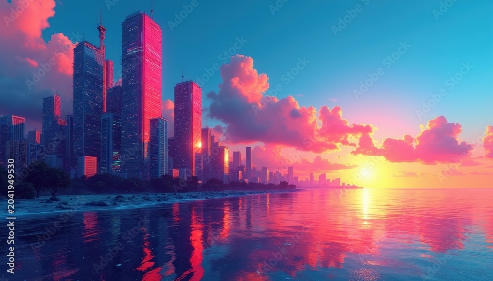 Fototapeta premium Cityscape skyscrapers glow in vibrant pixelated sunset hues reflected on calm water surface. Clouds paint sky with pink and blue. Digital art.