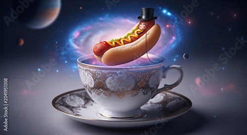Hot dog in teacup with glowing aura in space