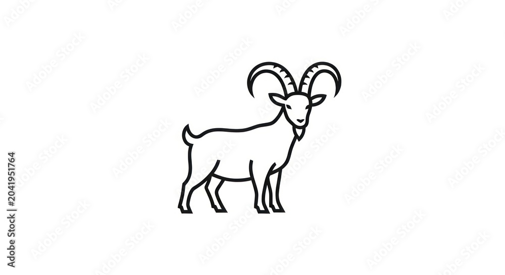 Fototapeta premium Black line art illustration of a goat with horns