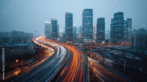 Illuminated highway curves through modern city at dusk, streaks of light