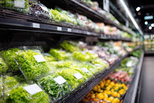 Rows of fresh, pre-packaged leafy greens and produce displayed on store shelves