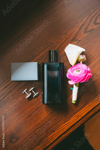 Groom Wedding Accessories with Perfume Cufflinks and Floral Boutonniere