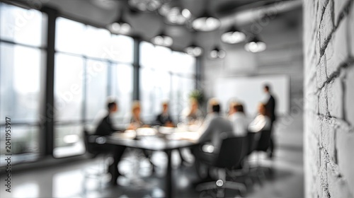 Blurred conference room with people gathered around a table