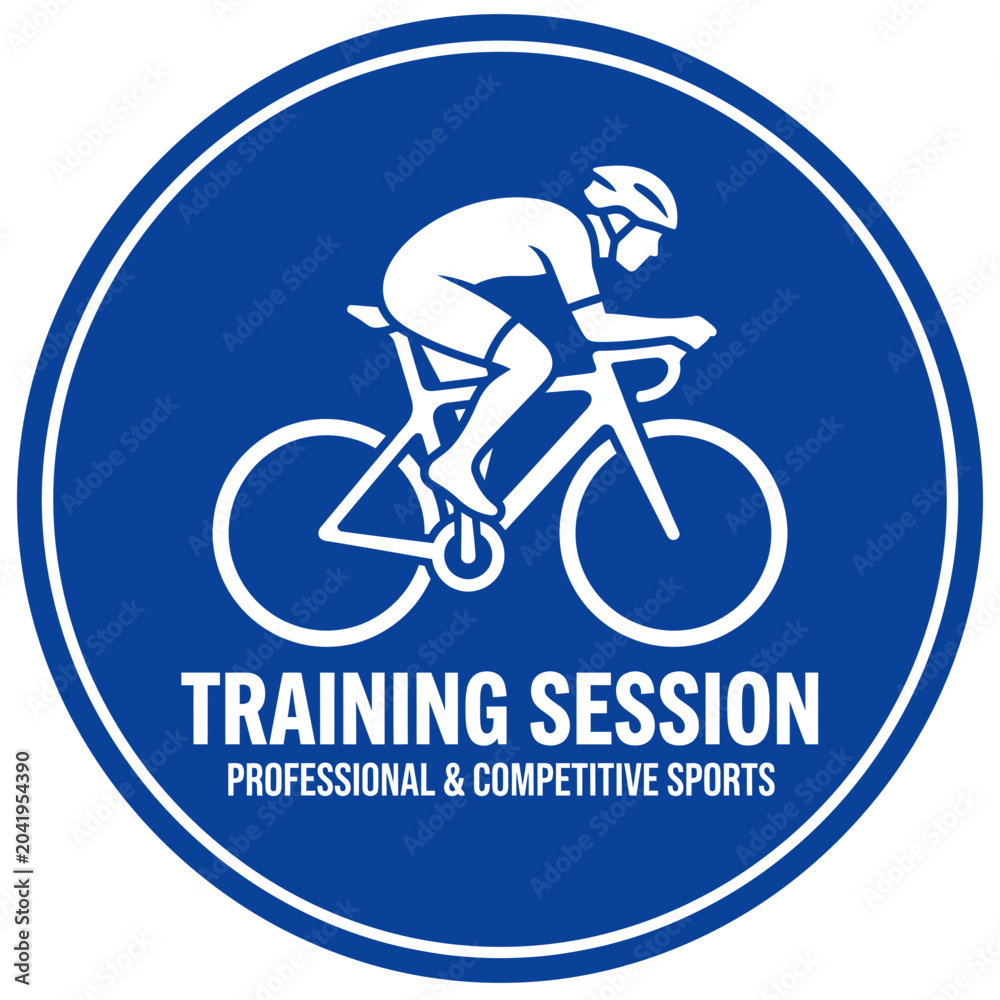 Fototapeta premium Iconic Cyclist Silhouette Enclosed in a Blue Circle Emphasizing Training and Sporting Events