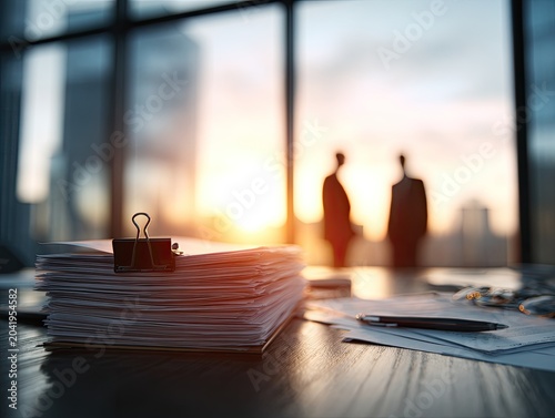 Colleagues in silhouette stand before a sunlit window, papers on desk