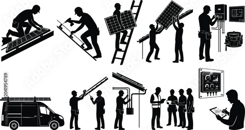 Solar Energy Installer Silhouette Icons Set for Professional Renewable Energy Services and Construction Site Planning Diagrams