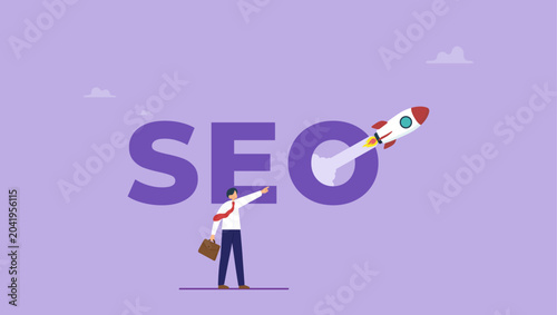 Businessman pointing rocket launch from SEO word. New business startup project or search engine optimization concept.