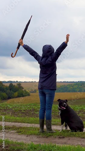A woman walks her dog in a field after a thunderstorm. Girl with staffordshire terrier in nature on a cloudy day. The concept of freedom, happiness, friendship, nature. Vertical, vertical video.
