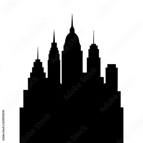 Monochrome vector of Art Deco city skyline silhouette, extremely detailed building facades with geometric ornamentation, black skyline against white sky, editorial illustration style