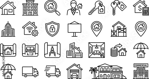 Set of real estate and property line icons, vector illustration