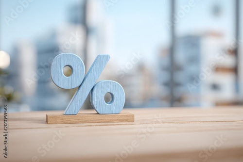 3d big percentage symbol on city background. Concept of finance economy, interest rates. Percent sign against a modern cityscapes skyline backdrop. Financial growth, mortgage, loan. Real estate sale