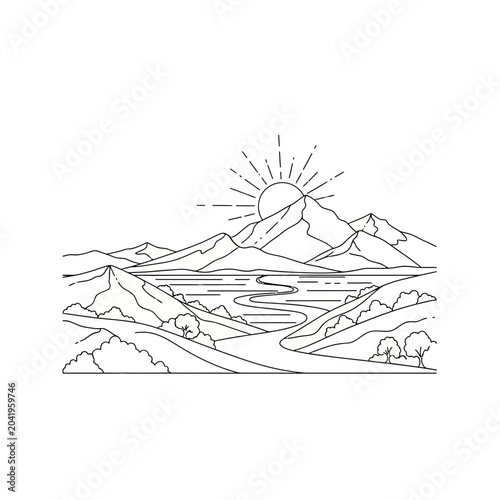 Minimalist Line Art Depicting a Serene Mountain Landscape with a Winding River and Radiant Sun