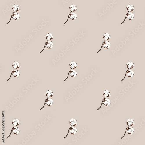 Minimal Cotton Branch Seamless Pattern on Beige Background