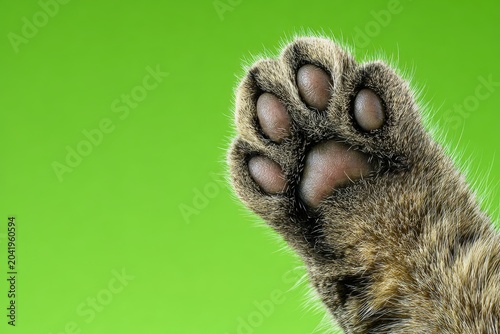A close-up of a tabby cat's paws against a green background, showcasing the texture of the cat's paws, visible claws, and a minimalist composition. Studio lighting enhances the details of the pet.