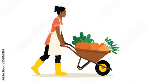 Photos female gardener pushing wheelbarrow with plants, gardening and landscaping work