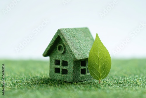 A miniature house and a green leaf symbolize an eco-friendly lifestyle. Sustainable housing and energy efficiency, renewable energy sources. Energy efficiency in the natural environment. Copy space