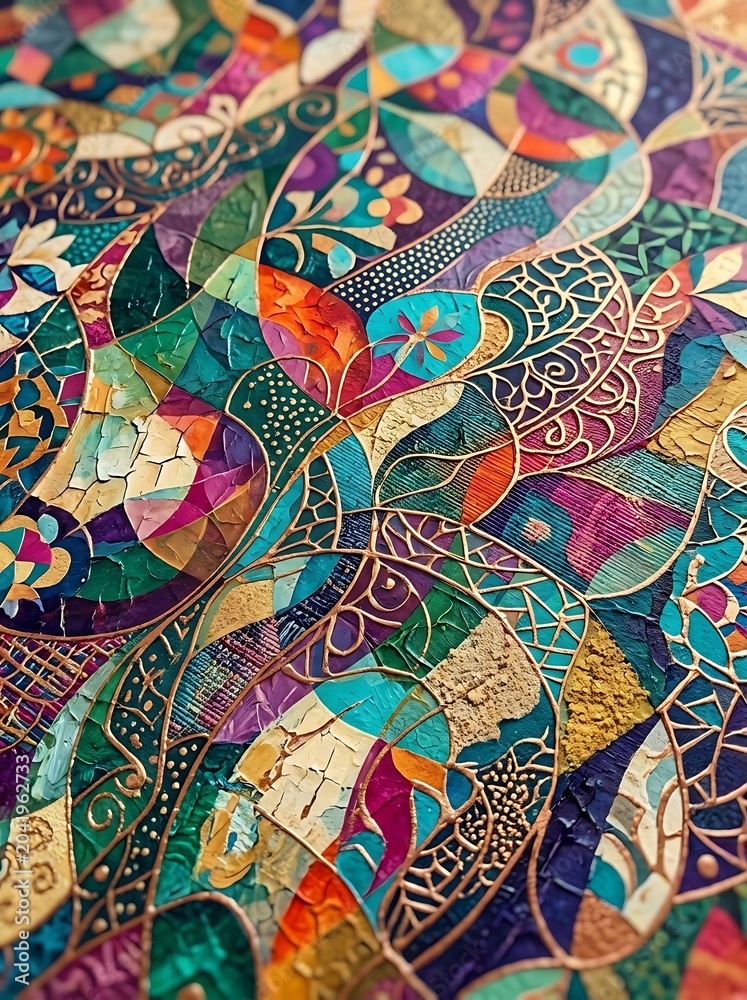 Fototapeta premium Colorful Intricate Mosaic Pattern Displayed on Textured Decorative Surface