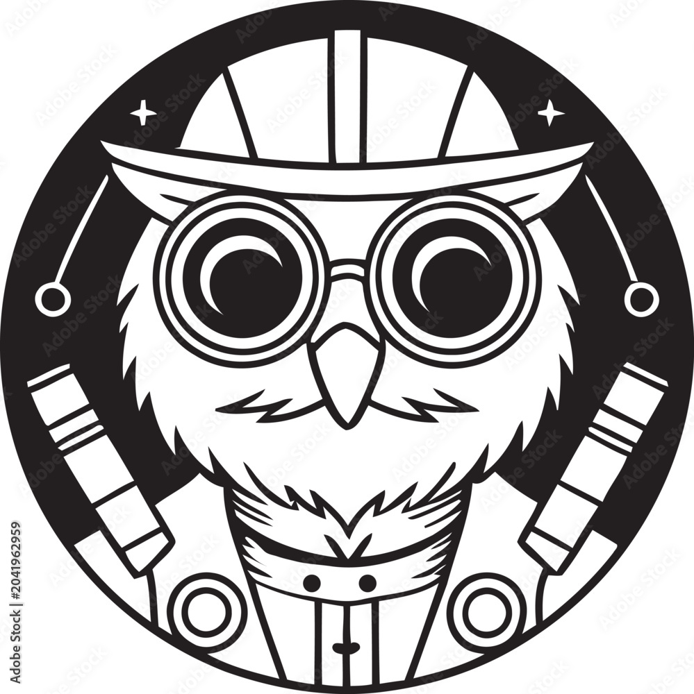 Fototapeta premium A cartoon owl wearing a helmet and goggles in a futuristic design