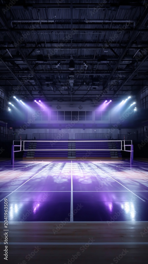 Fototapeta premium Illuminated volleyball court with dramatic lighting effects in a gymnasium.