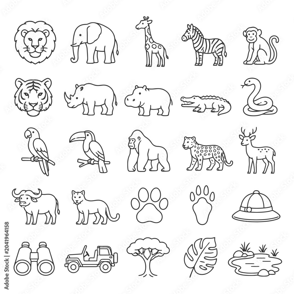 Obraz premium Safari animal icons: lions, elephants, giraffes, zebras, and more in outline style.