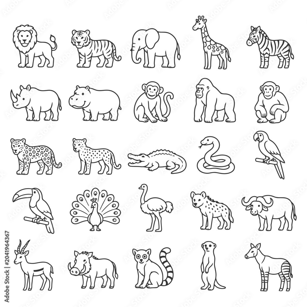 Obraz premium Outline illustrations of various wild animals.