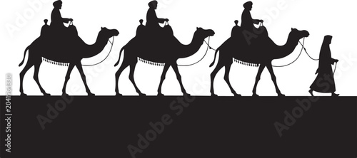Fotografie Caravan of camels with riders walking silhouetted