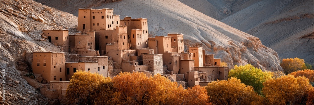 Obraz premium Ancient mud-brick village nestled in mountains during autumn season.