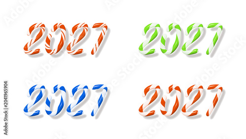 2027 Happy New Year logo set in candy cane style. 2027 Happy New Year symbol collection with 3d numbers made from stripes. Vector 2027 New Year labels for card, brochure, cover, ads, branding.