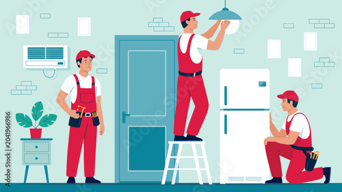 Tableau sur toile home renovation team installing lighting and repairing interior space, professio