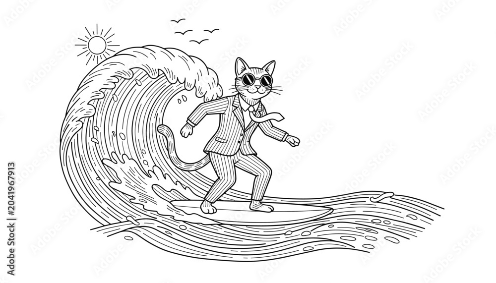 Fototapeta premium Humorous black and white engraving features a dapper cat in a business suit and sunglasses surfing skillfully on a large ocean wave.