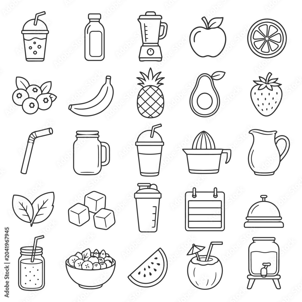 Obraz premium Black and white icons of juices, fruits, and smoothie ingredients.