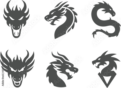 Slika na platnu Collection of six gray dragon heads and full bodies in various poses and styles