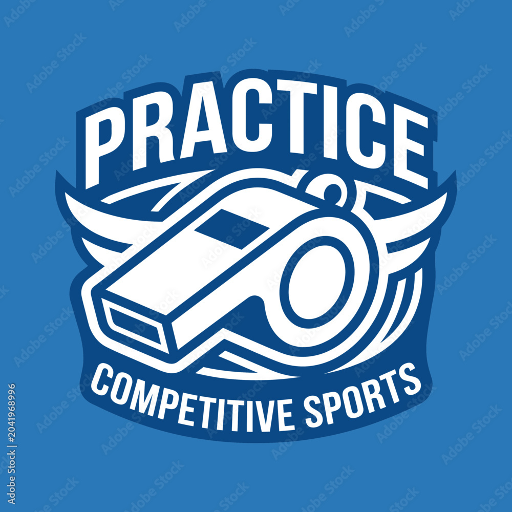 Fototapeta premium Practice and Competitive Sports Emblem with Whistle, Blue and White Badge Design