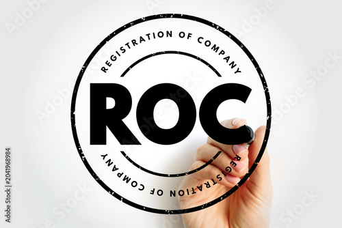 Принти на полотні ROC registration of company stamp with hand holding marker, circular legal impri