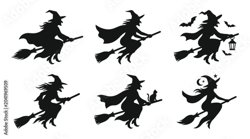 Tableau sur toile witches on broomsticks silhouette halloween flying magic