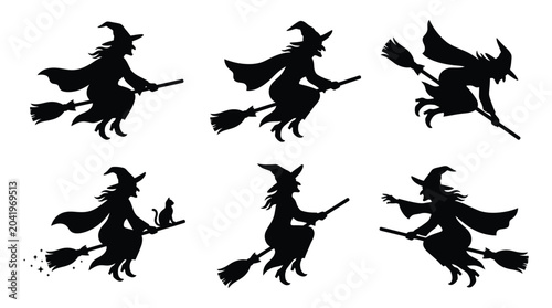 Foto witches on broomsticks silhouette halloween magic spooky