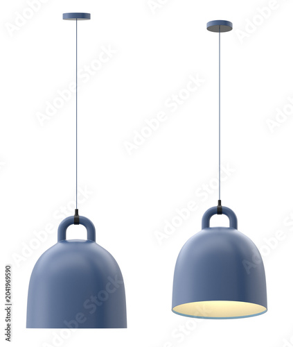 Bilde på lerret Scandi style bell shape hanging ceiling fixture in a smooth matte denim blue color, featuring a distinctive top loop handle detail and warm interior illumination