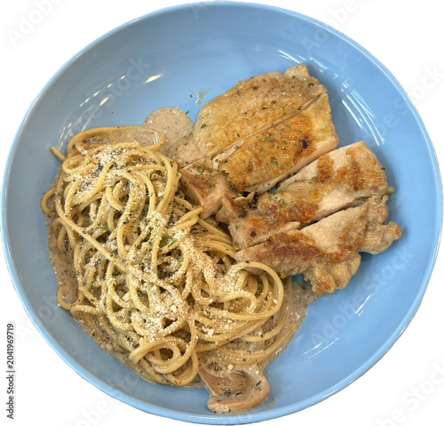spaghetti carbonara with truffle sauce and tender grilled chicken in blue plate, gourmet Italian fusion dish, isolated on a clean white background