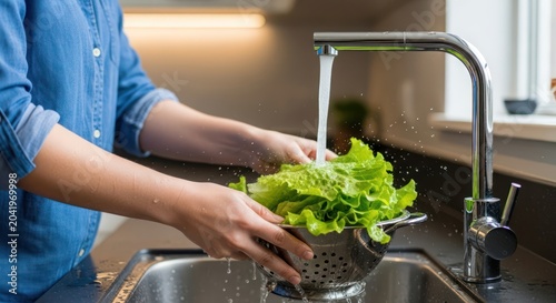 Hands washing fresh green lettuce in kitchen sink.