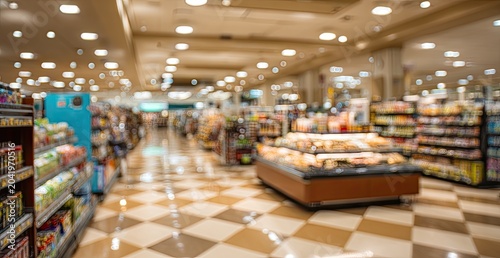 A blurred view inside a brightly lit supermarket with checkered flooring