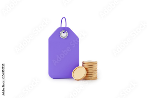Purple Price Tag Label with Stack of Gold Coins Beside It